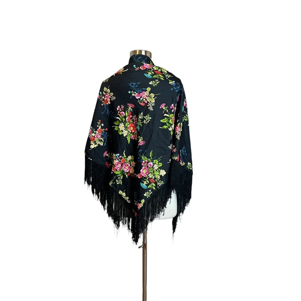 Black Women's Floral Shawl Satin With Fringe Wedding Dressy